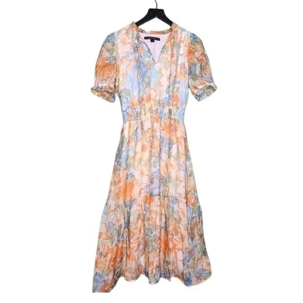 Cynthia Steffe Pastel Floral Midi Dress‎ Split Neck Puff Sleeve Peach Blue M